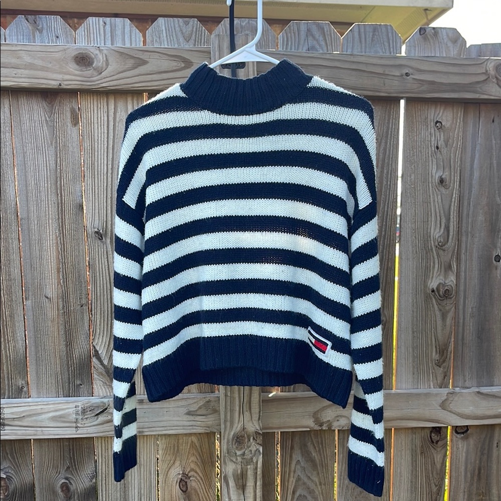 Tommy Hilfiger Navy and White Striped Turtleneck Sweater Vintage Y2K Tommy Jeans